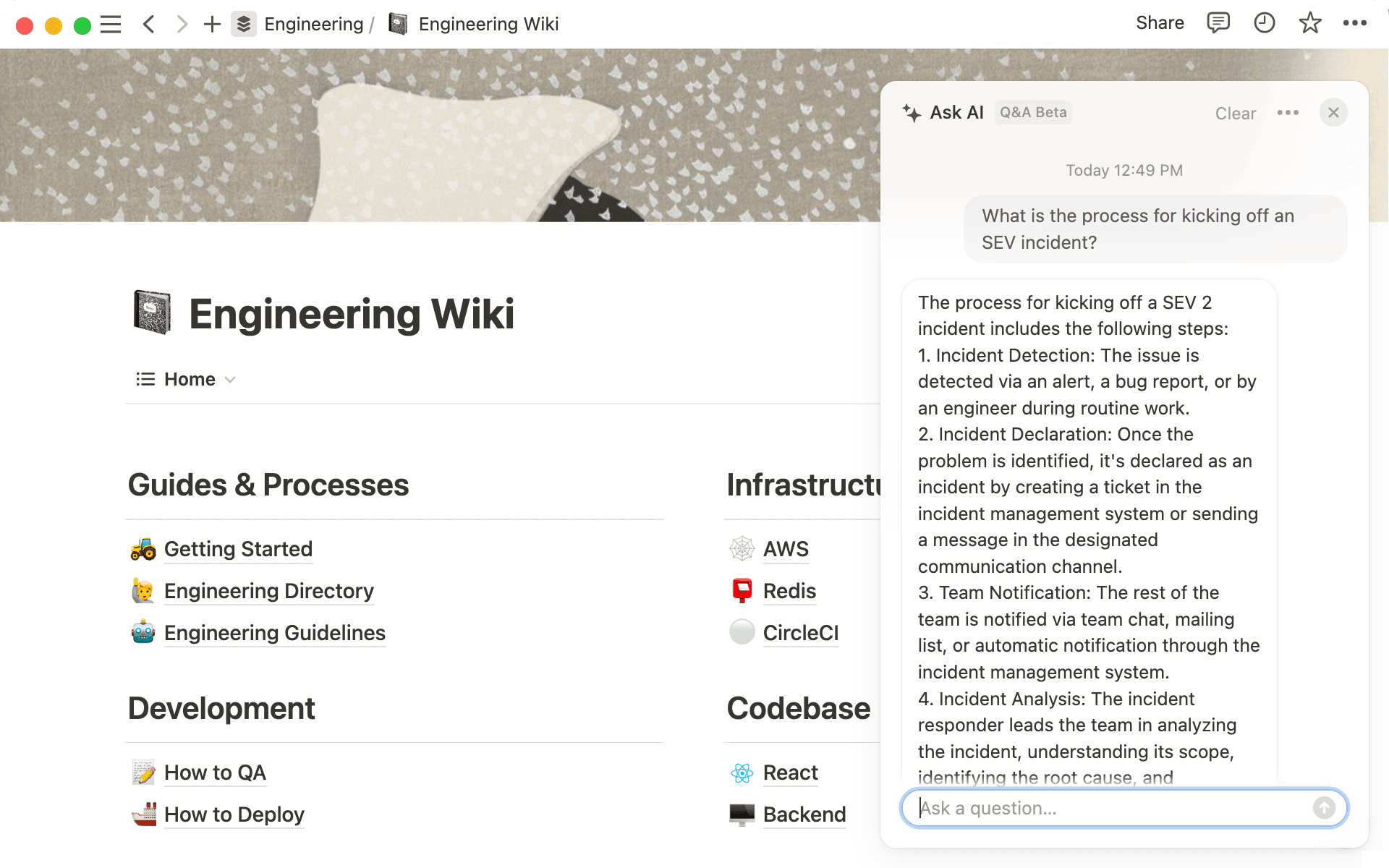 Si tu wiki de desarrollo está en Notion, puedes utilizar Q&A para resolver cualquier duda y volver rápidamente al trabajo.