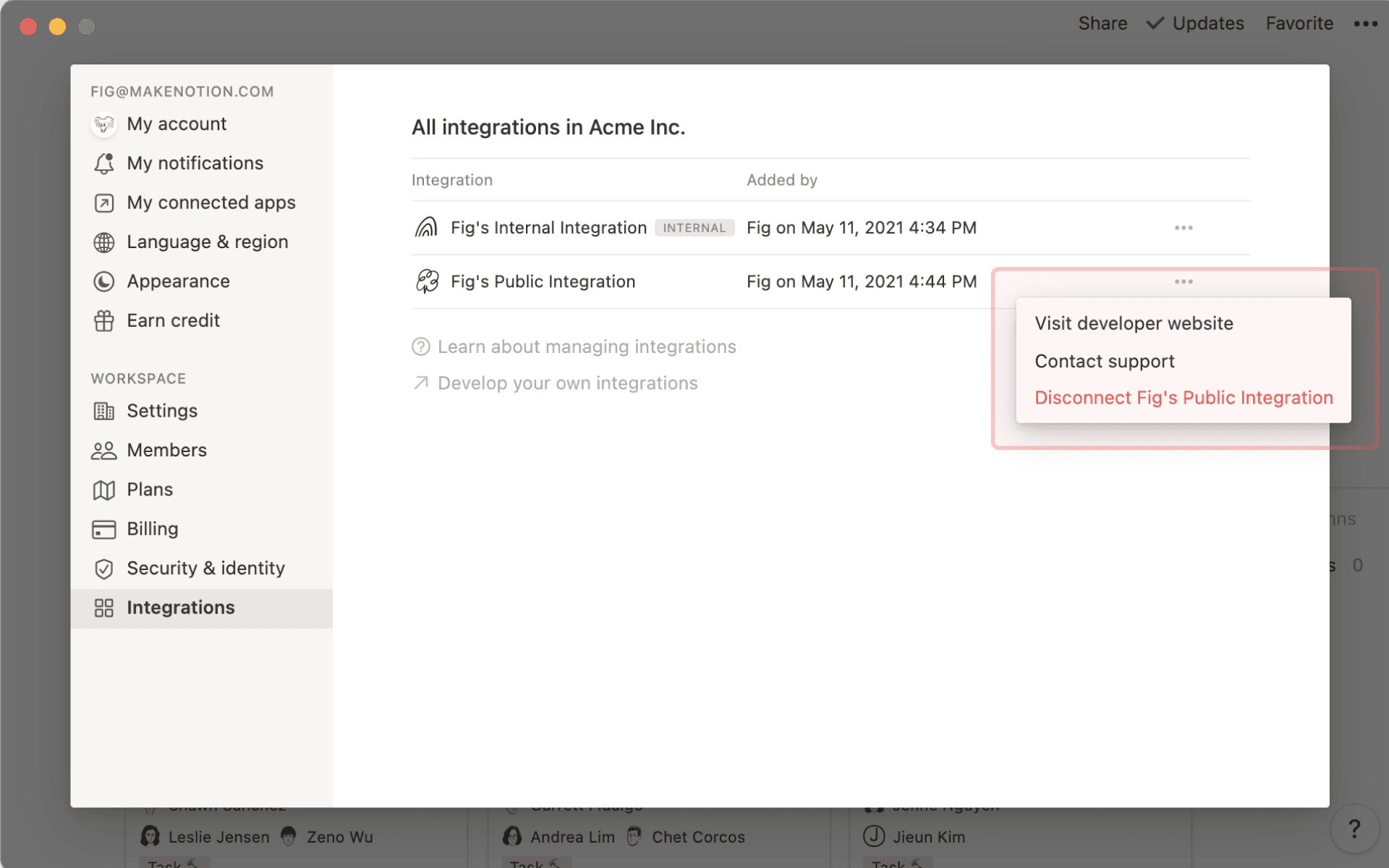 Add & manage integrations - public integration menu