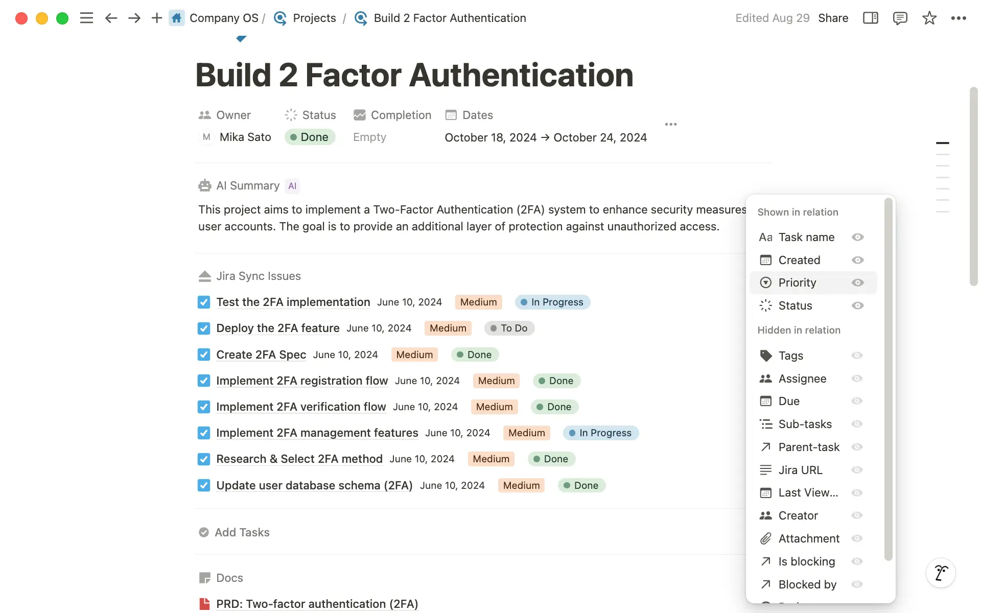Haz clic en el icono de tres puntos cerca de «Problemas de sincronización de Jira» para personalizar la visualización de tus propiedades