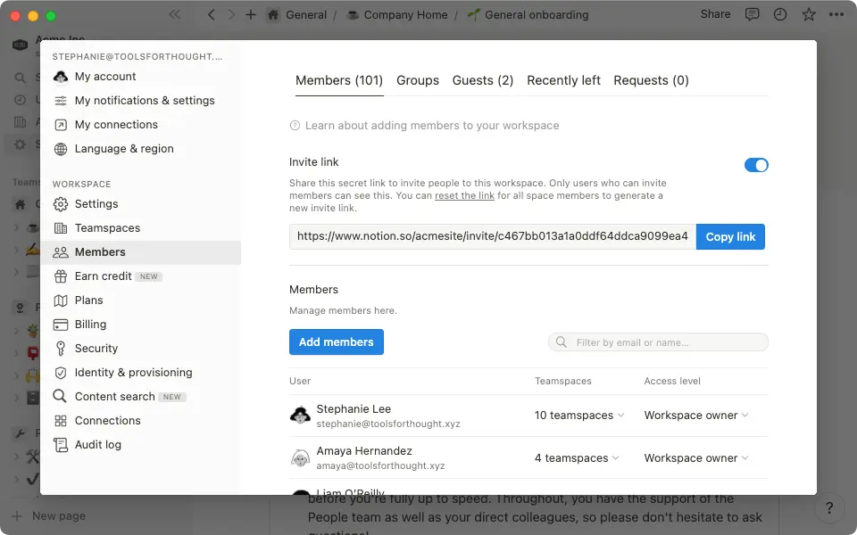El panel Configuración y miembros te da acceso a la configuración detallada del espacio de trabajo para personalizar Notion según tus necesidades.