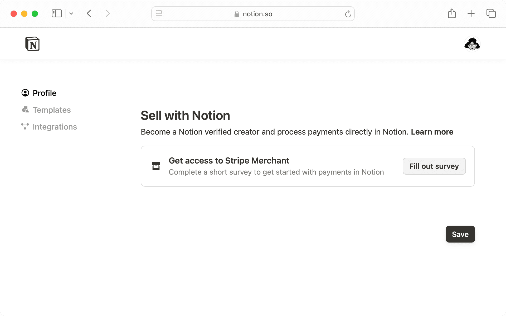 Si quieres vender a través de Notion, completa el cuestionario para obtener acceso a Stripe Merchant.