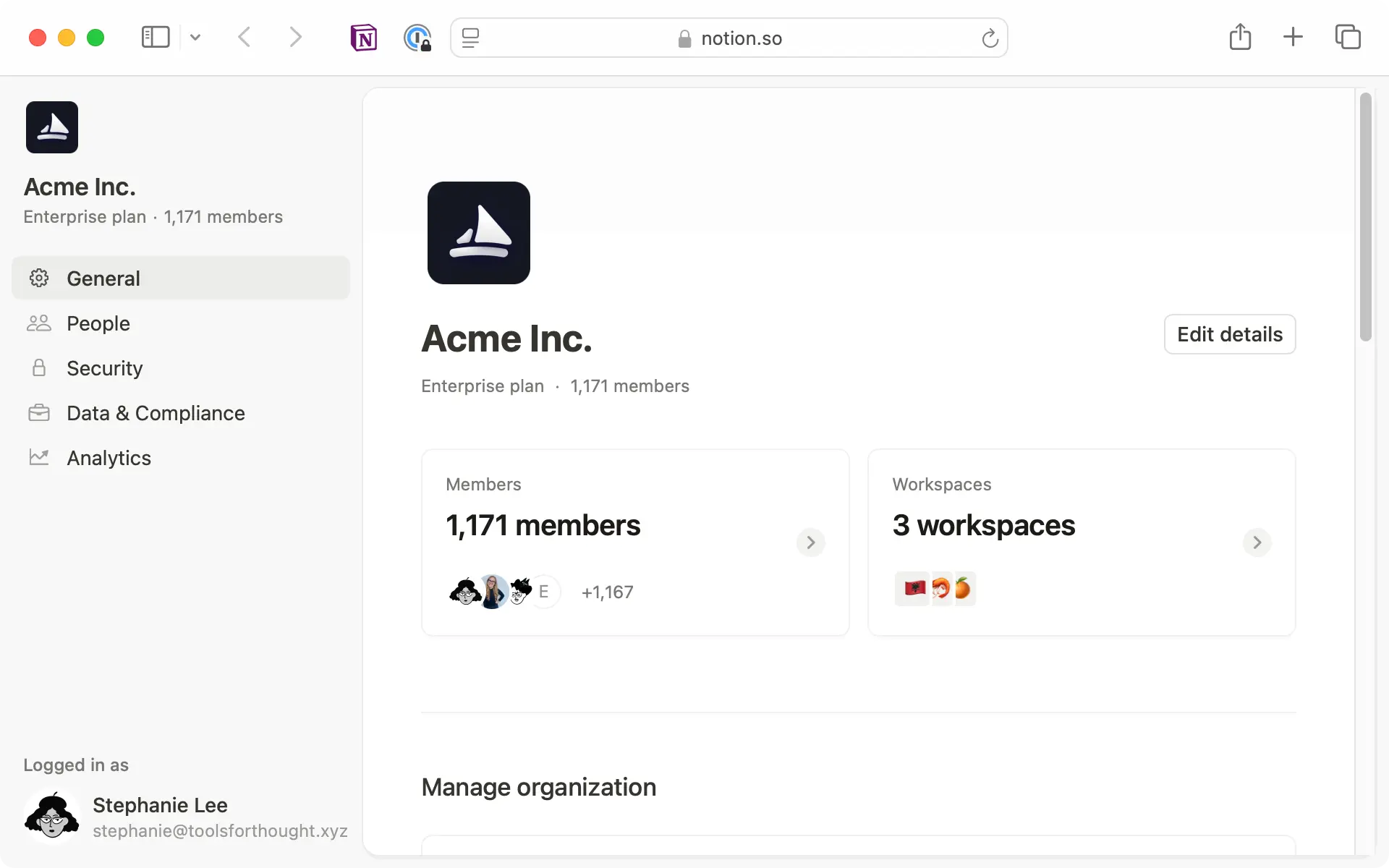 Los controles a nivel de organización te permiten gestionar todos tus miembros, invitados y configuraciones de seguridad en un solo lugar en varios espacios de trabajo.
