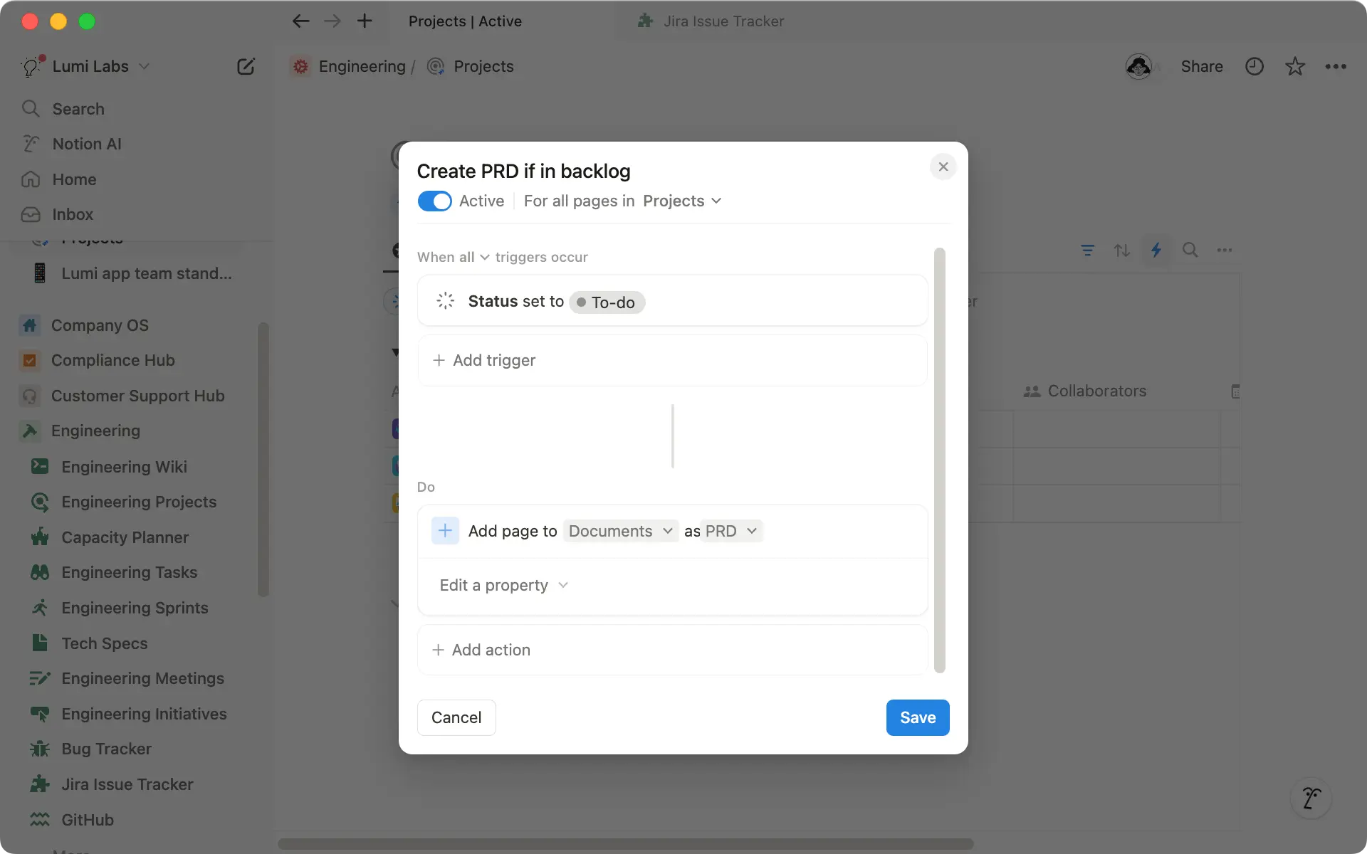 Añade automáticamente una nueva página que contenga una plantilla de PRD cuando alguien cree una nueva épica en Jira
