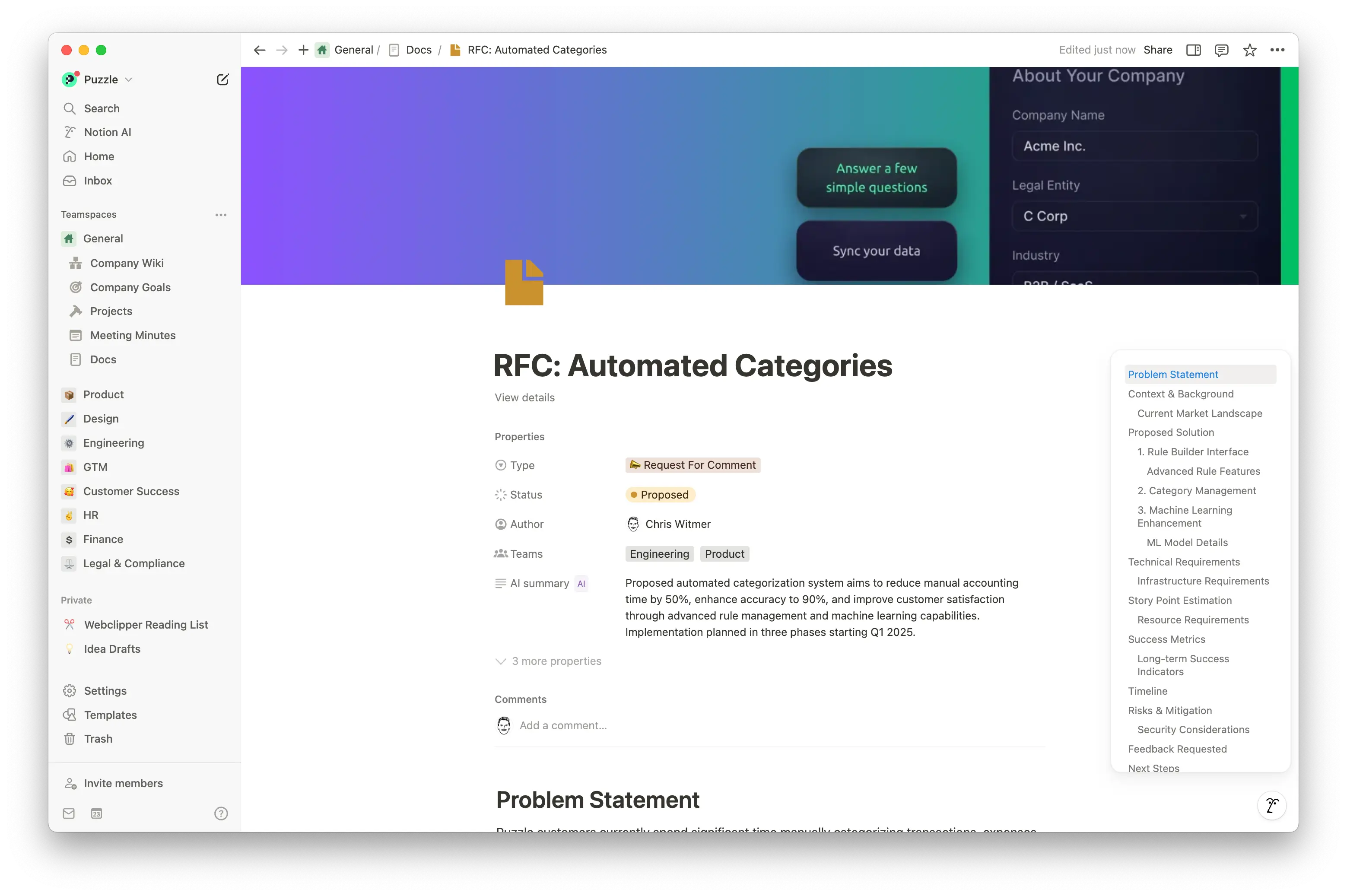 Los documentos de solicitud de comentarios (RFC) en Notion brindan una estructura clara, colaboración en tiempo real, vínculos con documentos y decisiones informadas. Así, todos los comentarios quedan bien ordenados y aceleramos el proceso de ejecución.