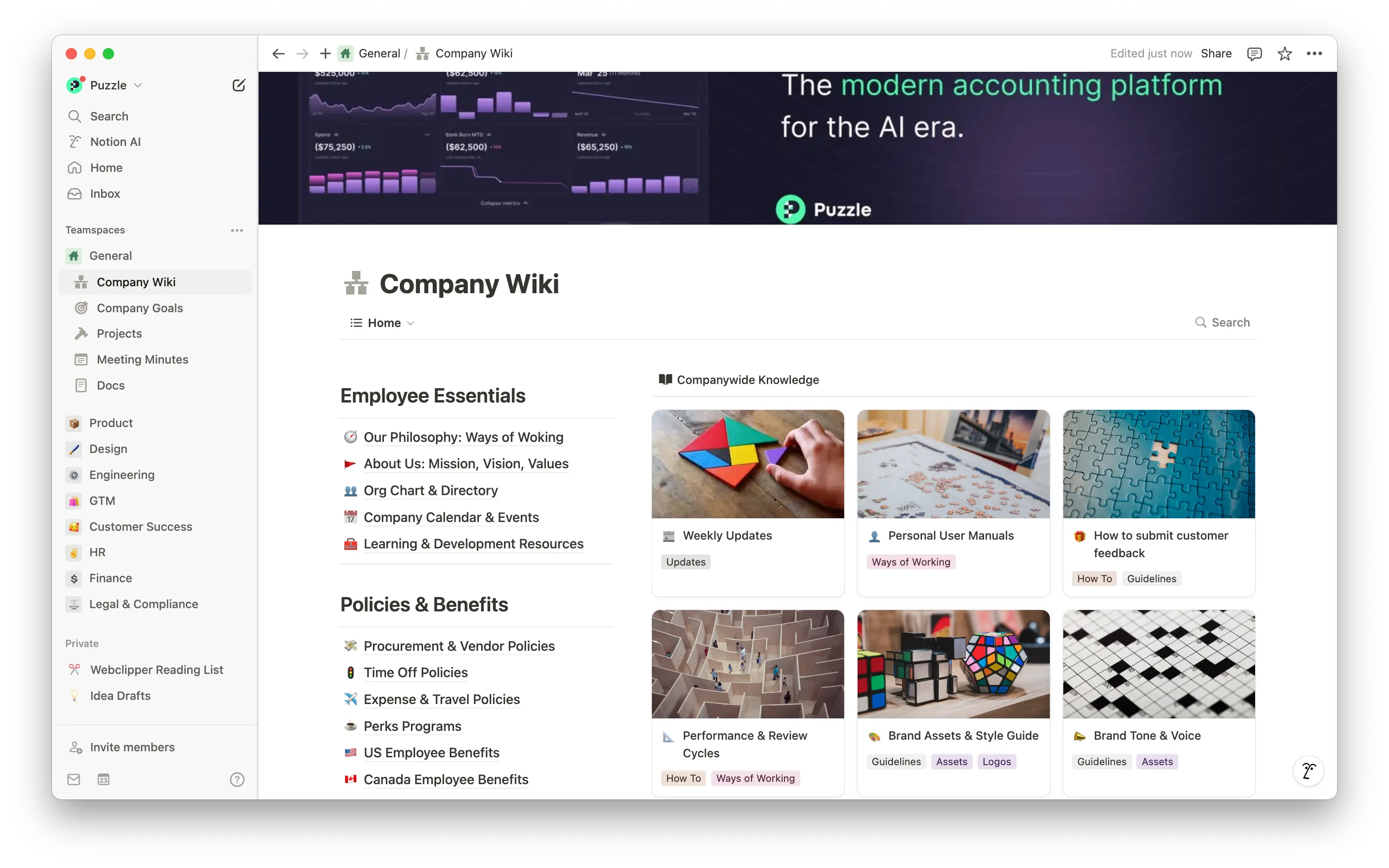 La fuente central de Puzzle para todo el conocimiento de la empresa: fácil de actualizar y encontrar y perfectamente conectada con todo nuestro trabajo.