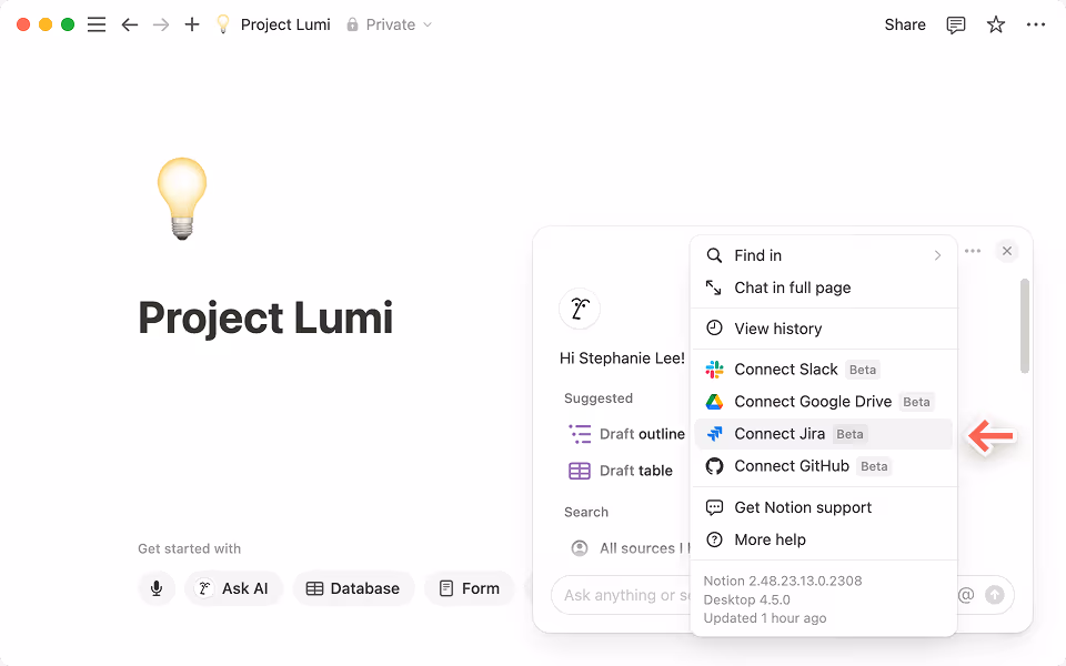 Para conectar Jira, haz clic en el menú de los tres puntos en la parte superior derecha de la ventana de chat de la IA de Notion.
