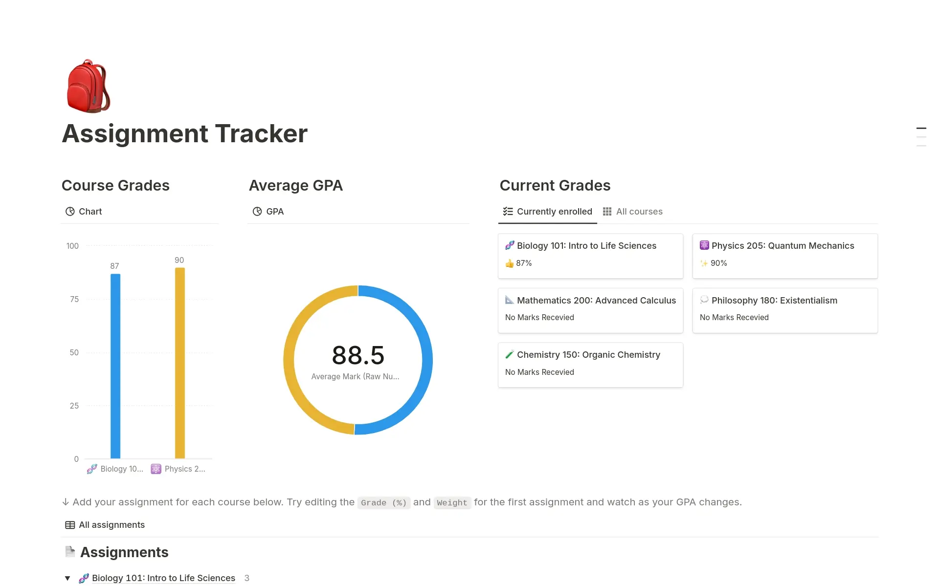 Pratinjau templat untuk Assignment Tracker with Automations