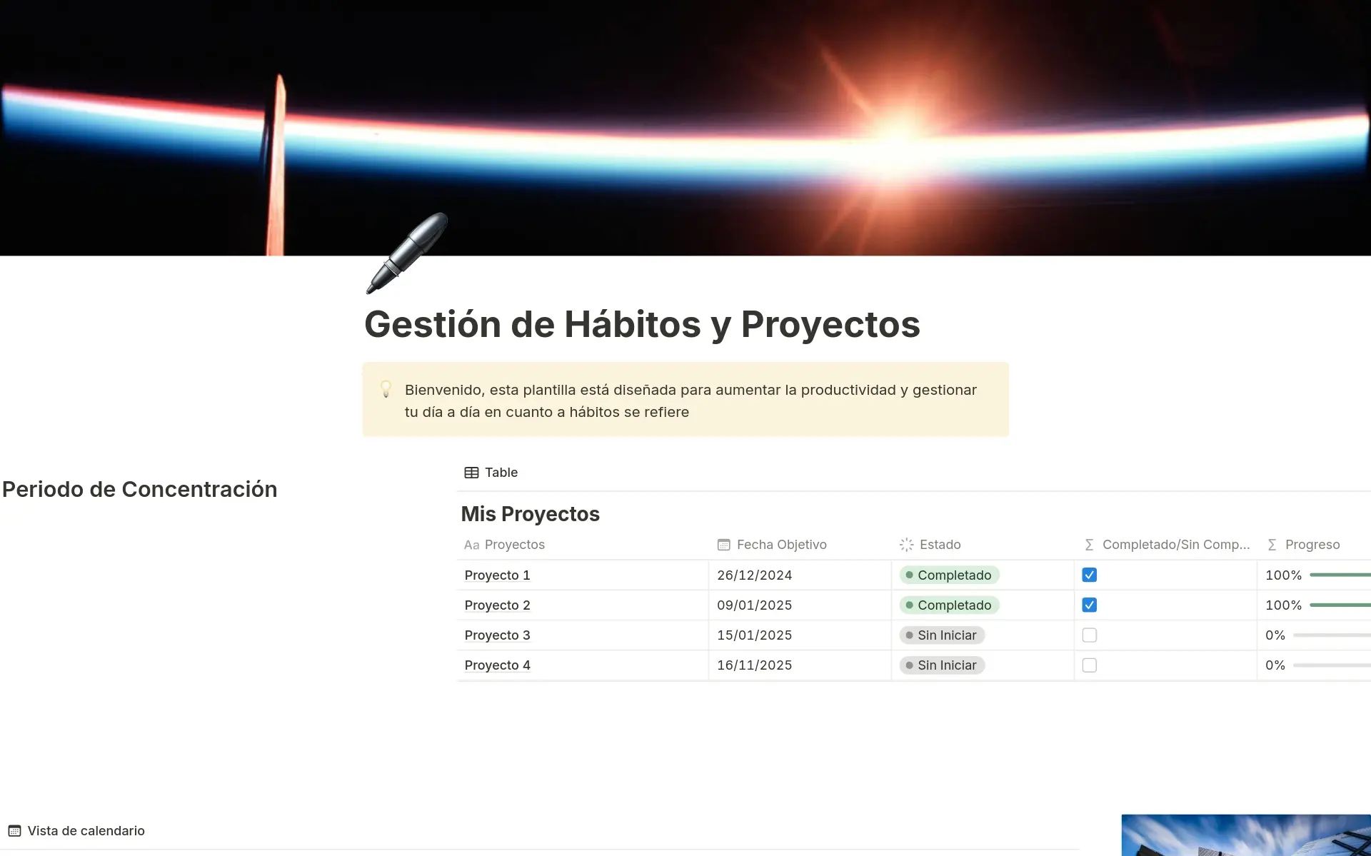 Captura de pantalla de la colección Planes para el éxito creada por Notion