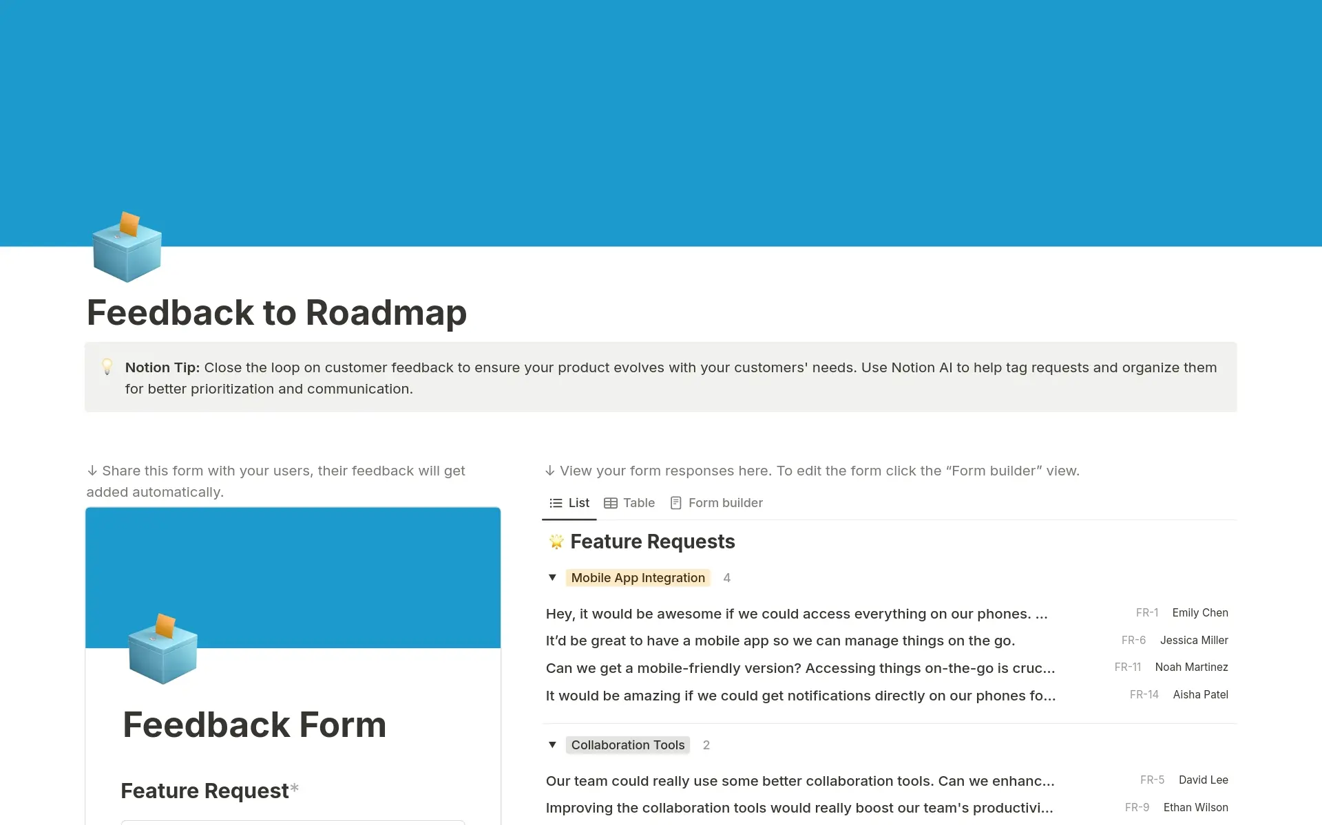 Pratinjau templat untuk Feedback to Roadmap