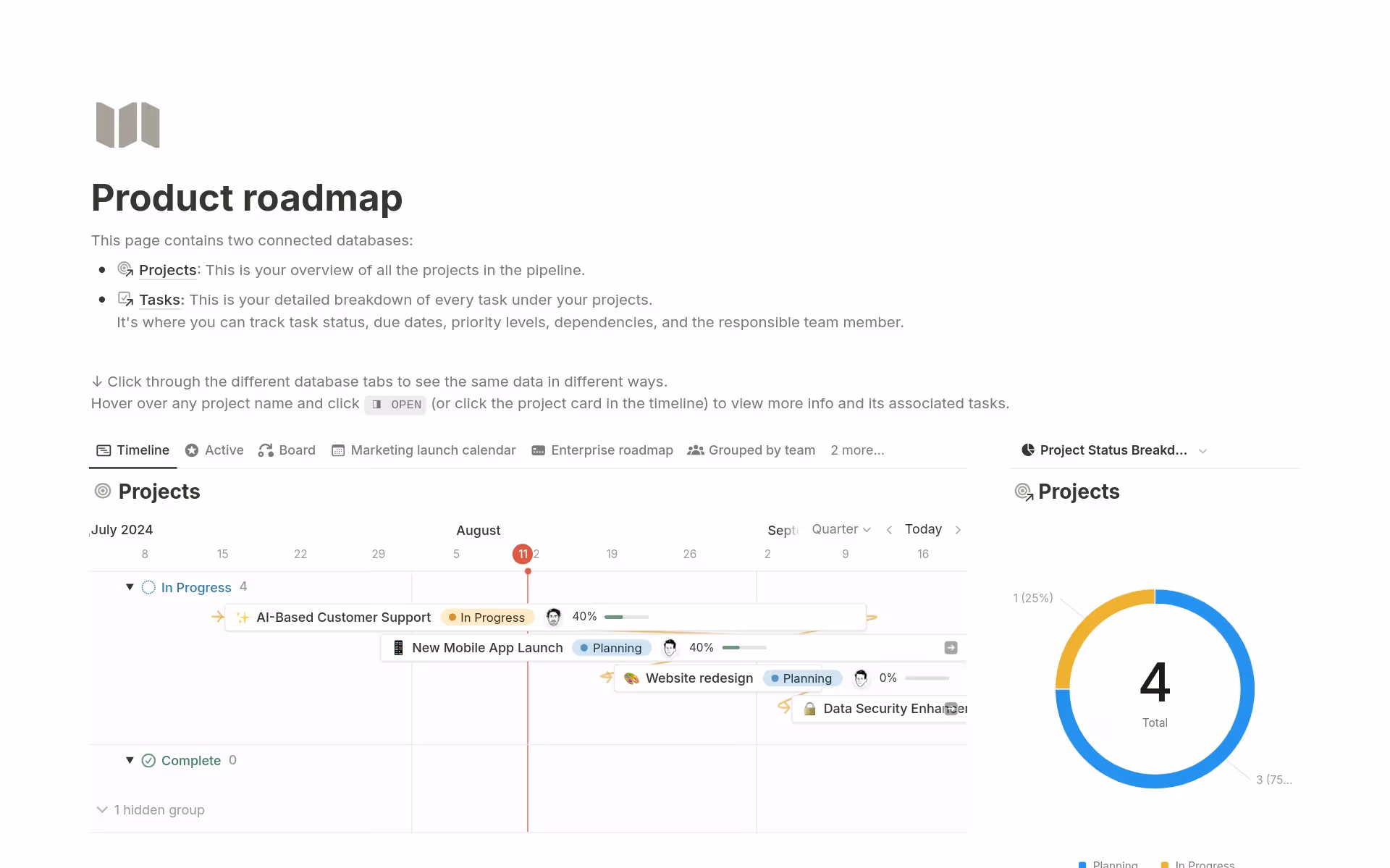 Pratinjau templat untuk Product roadmap